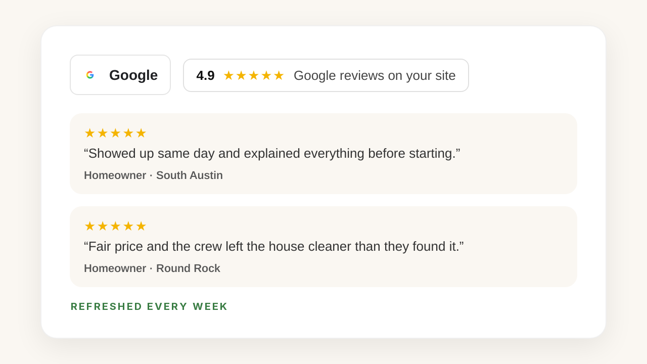 Mock of Google reviews and star ratings refreshed on a business website